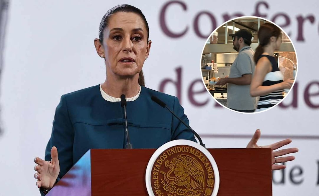 Claudia Sheinbaum en su conferencia de prensa en Palacio Nacional el 28 de julio de 2025. Captan a Andy López Beltrán y el diputado Daniel Asaf en el bufet del hotel Okura de Tokyo. Fotos: Berenice Fregoso/EL UNIVERSAL y tomada de la cuenta de X de @ClaudioOchoaH.