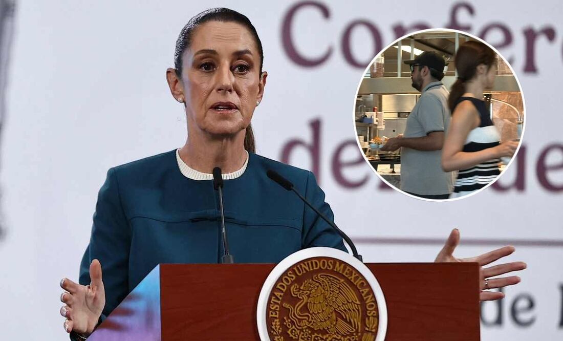 Claudia Sheinbaum en su conferencia de prensa en Palacio Nacional el 28 de julio de 2025. Captan a Andy López Beltrán y el diputado Daniel Asaf en el bufet del hotel Okura de Tokyo. Fotos: Berenice Fregoso/EL UNIVERSAL y tomada de la cuenta de X de @ClaudioOchoaH.