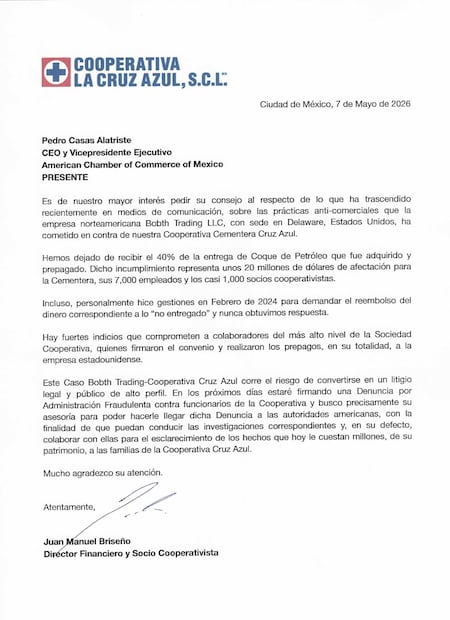 Carta enviada por Juan Manuel Briseño para solicitar apoyo a American Chamber of Commerce of Mexico (07/05/2026). Foto: Especial.