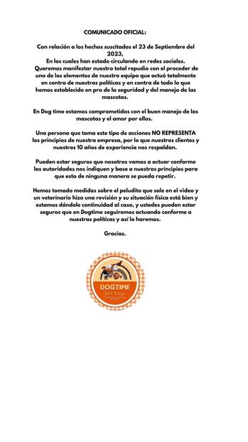 Comunicado Hotel “Dogtime”. Foto: Instagram