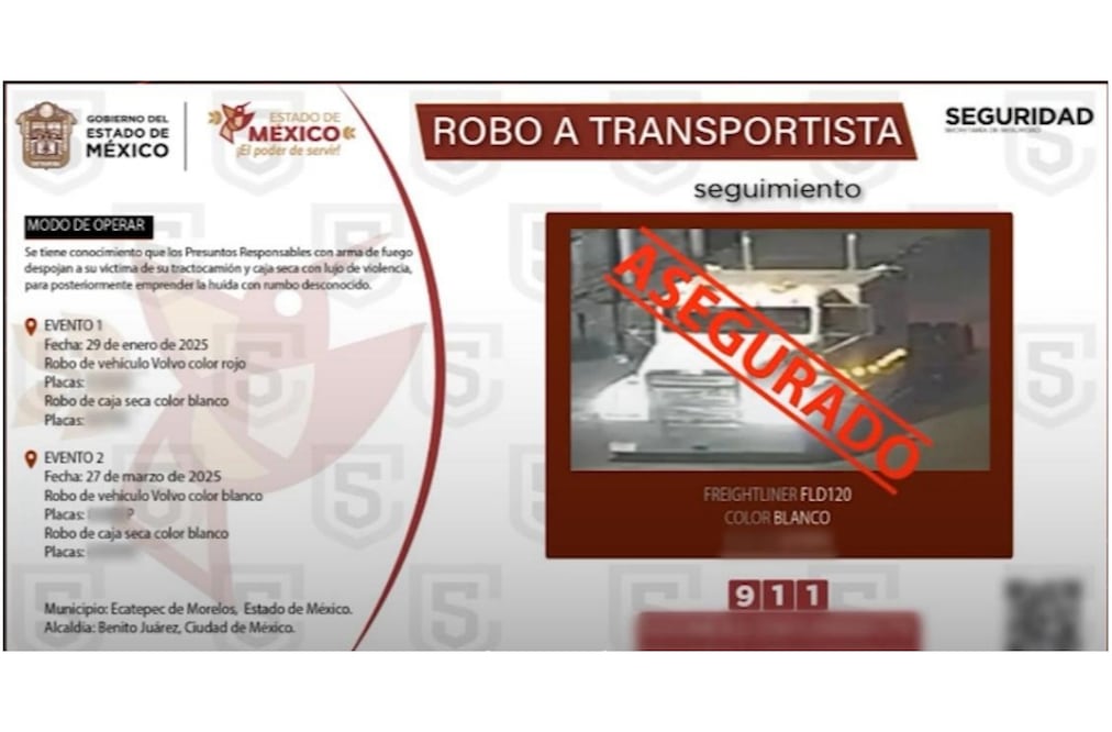 Policía del Edomex recupera tractocamión tras persecusión en la México-Pachuca; hay tres detenidos. Foto: Especial