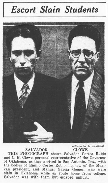 Salvador Cortés Rubio y coronel C.E. Clowe, en su camino para llevar los cuerpos a Morelia. Guillermo y Fernando Rubio, hijos de Pascual Ortiz Rubio, iban a acompañar a sus primos en su viaje de Kansas a Ciudad de México, pero a última hora decidieron viajar a Nueva York. Foto: The Washington Times/Library of Congress/ESPECIAL.
