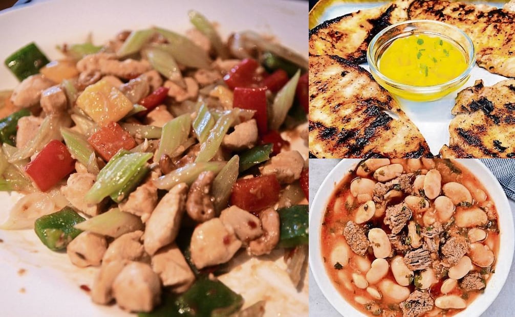 Pollo Kung Pao, Platillo tradicional oriental (China) a base de pollo, chiles secos, pimienta de Sichuan. También lleva jengibre y cacahuate; Pollo rostizado en salsa de mango, Sazonado con jugo de limón, aceite de oliva, ajo, especias como paprika y chile pasilla en polvo, tequila reposado y mango; Fasolia, Platillo griego que consiste
en alubias cocinadas a fuego lento en un caldo de jitomate, sazonado con especias árabes, ejotes y ajo. Foto: Especial