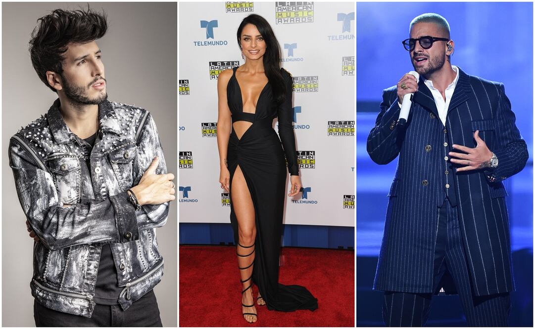 Sebastián Yatra, Aislinn Derbez y Maluma, Fotos: Archivo y AFP