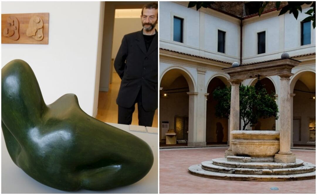 Un hombre mira una obra de Jean Arp (i). La exposición estará en las Termas de Diocleziano (d). Foto: Archivo / Facebook (Terme di Diocleziano - Museo Nazionale Romano)