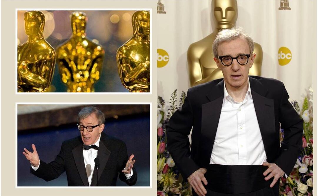 Woody Allen en los premios Oscar. Fotos: Kevork Djansezian/AP, Tomada de una artículo publicado por la Academia en su página oficial y Doug Mills/AP
