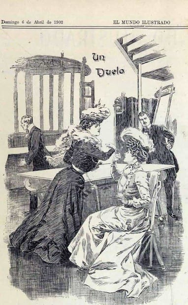 Ilustración de 1902 de “El Mundo Ilustrado” en alusión a los duelos entre mujeres en Francia. Col. Carlos Villasana.