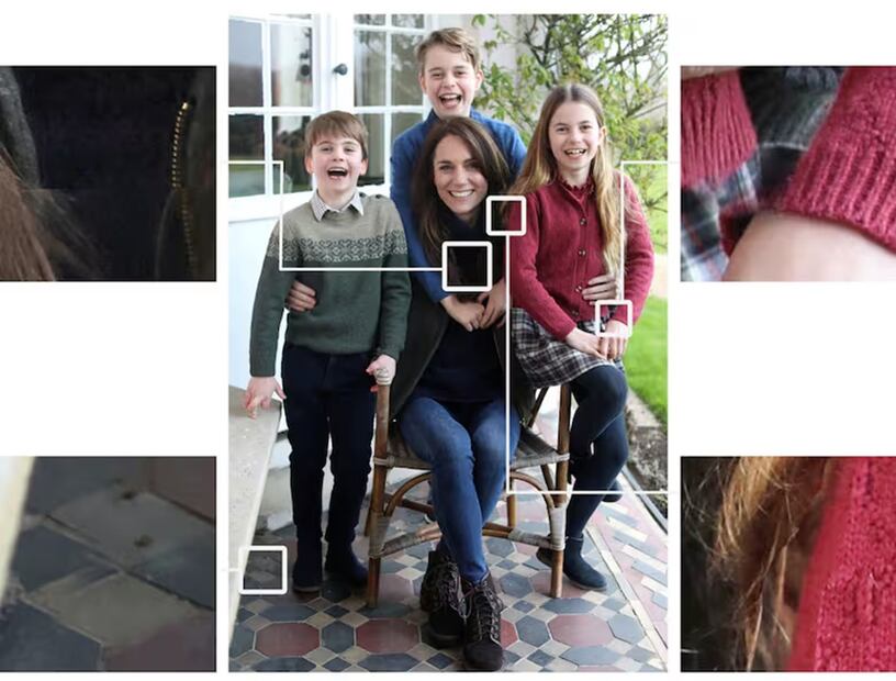 Esta versión de un retrato oficial del Día de la Madre de Kate, Princesa de Gales, con sus tres hijos ha sido comentada por The New York Times para mostrar una serie de anomalías que indican que había sido alterada digitalmente. FOTO: INSTAGRAM. PRÍNCIPES DE GALES