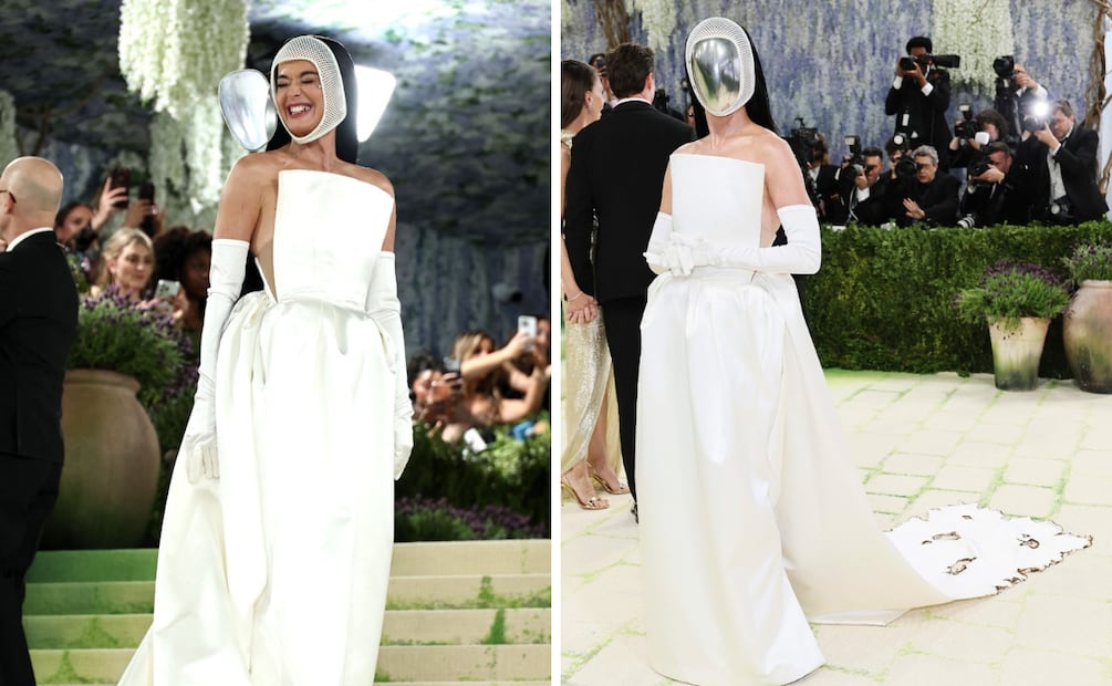 Katy Perry luciendo un vestido blanco de Stella McCartney. Foto: AFP