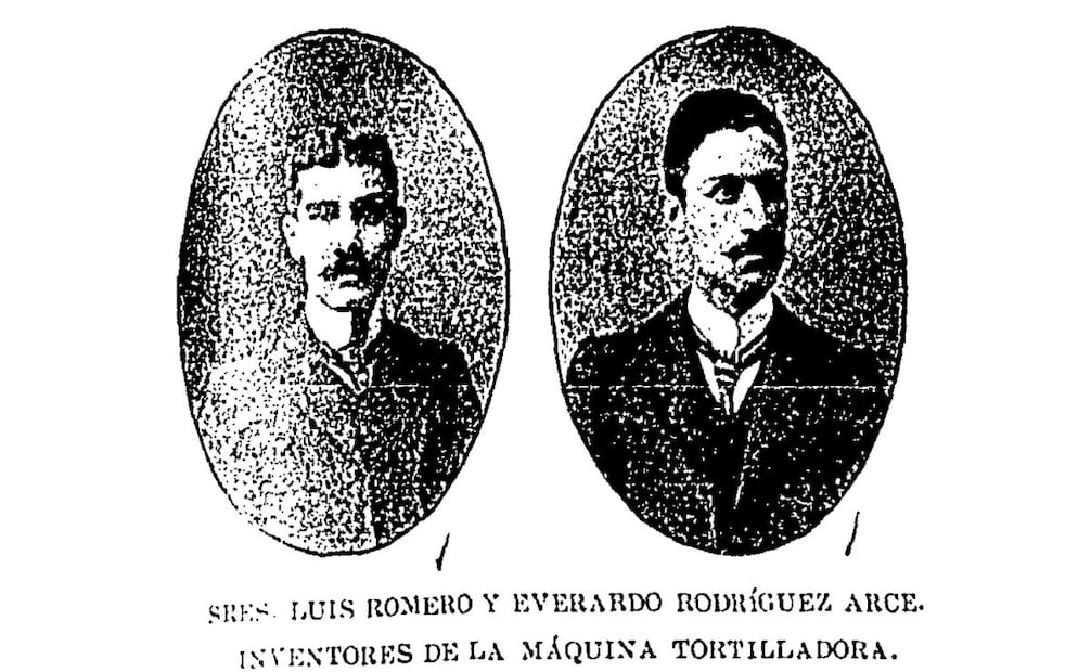 Retratos grabados de Romero y Arce, ingeniosos mexicanos que se empeñaron en desarrollar las tortilladoras modernas. ESPECIAL.