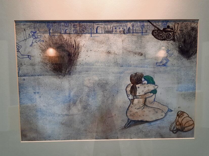 Ilustradores de todo el mundo tratan en su obra emociones como el luto y la melancolía, como el iraní Narges Mohammadi, que plasma escenas de guerra de su país. Foto: Frida Juárez