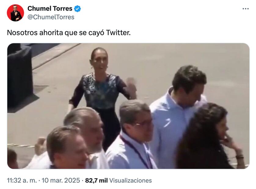 Chumel Torres bromea con caída de X; utiliza imagen de "desaire" de liderazgos de Morena a Sheibaum. Foto: Captura de pantalla