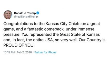 Trump se equivoca y felicita al "estado" de Kansas por el Super Bowl LIV