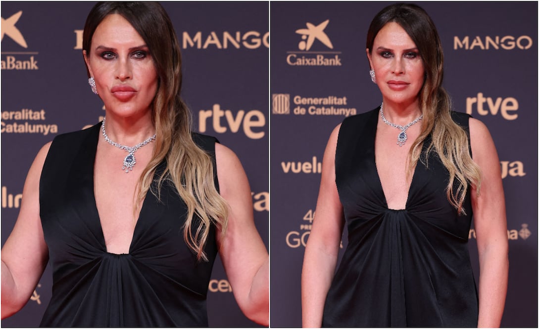 Karla Sofía Gascón en su paso por la alfombra roja de los Premios Goya 2026.
Fotos: AFP / Josep Lago