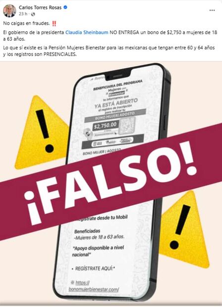Alertan de fraude por un "bono" a mujeres de 18 a 63 años. Foto: Captura de pantalla de la cuenta de FB de Carlos Torres Rosas.