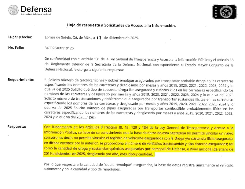 En su respuesta a la solicitud de transparencia de este diario, la Secretaría de la Defensa Nacional no especifica ni desglosa cuántas de esas unidades aseguradas están ligadas al traslado de combustible ilegal o huachicol y cuántas a precursores químicos únicamente.
Aclara que su base de datos no permite vincular el registro de vehículos asegurados con la droga o sustancia ilícita incautada en estos eventos.