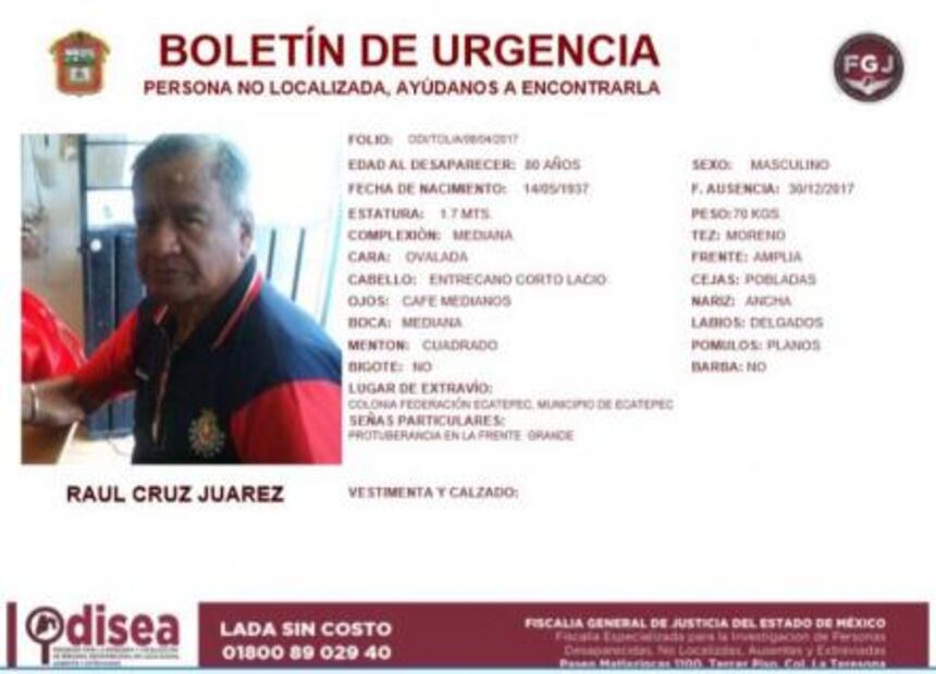 Activan Alerta Odisea por adulto mayor extraviado en Ecatepec