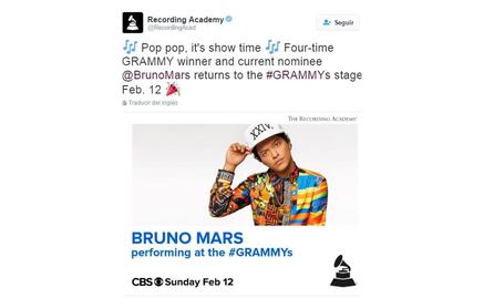 Bruno Mars actuará en la ceremonia de los Grammy