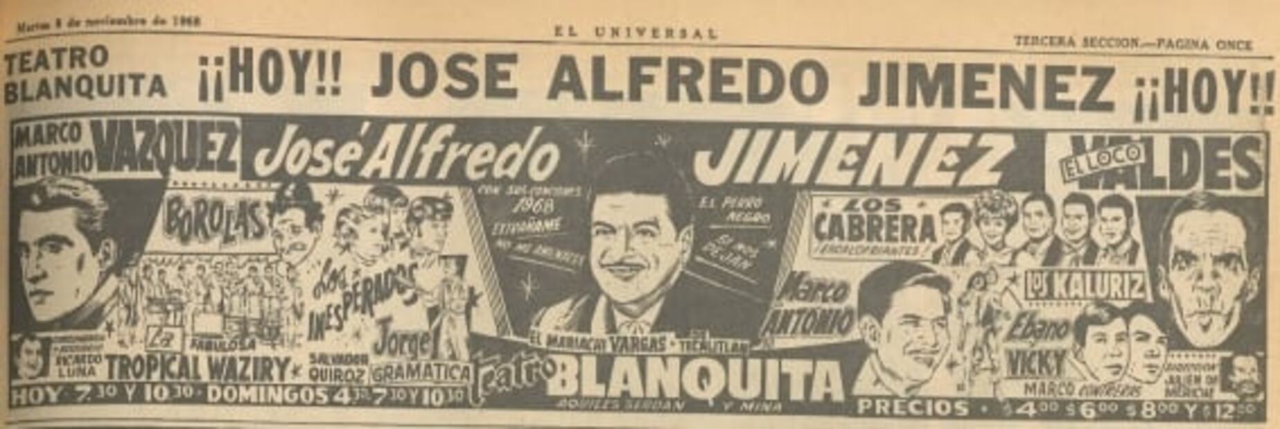José Alfredo en la cartelera de variedades publicada en EL UNIVERSAL en 1968.