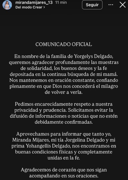 Miranda Mijares, hija de  Yorgelis Delgado, lanzó este comunicado hace unos días, con la esperanza de encontrar a su madre.