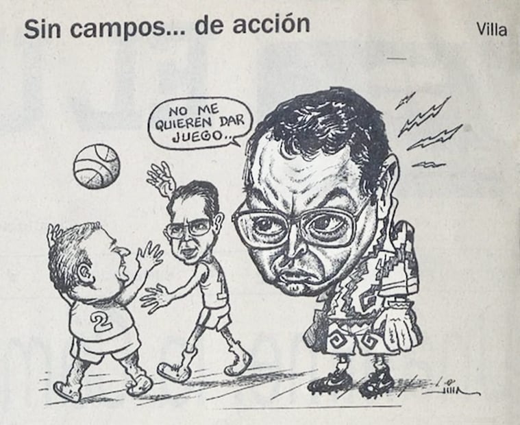 Cartón de Mateo Villa, agosto 1996. Con Manuel Camacho Solís caracterizado como el portero Jorge Campos y viendo “jugar” a Ernesto Zedillo y Emilio Chuayffet; el exregente aseguró que “invocar el principio de no reelección cuando no hubo elección es un absurdo”, pues el puesto de regente no se sometía a votación popular, sino a designación presidencial. Foto: Hemeroteca EL UNIVERSAL.