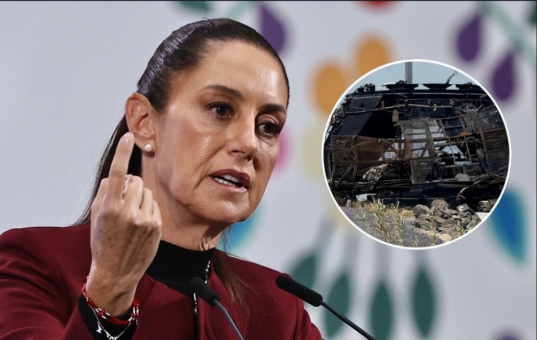 La presidenta Claudia Sheinbaum Pardo en la mañanera del 25 de junio de 2025 en la Ciudad de México. En el círculo: basura espacial de SpaceX en Tamaulipas. Fotos: Berenice Fregoso / EL UNIVERSAL y Especial.