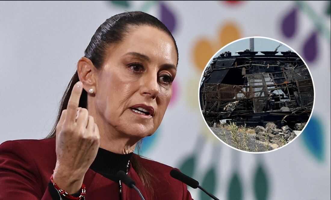 La presidenta Claudia Sheinbaum Pardo en la mañanera del 25 de junio de 2025 en la Ciudad de México. En el círculo: basura espacial de SpaceX en Tamaulipas. Fotos: Berenice Fregoso / EL UNIVERSAL y Especial.