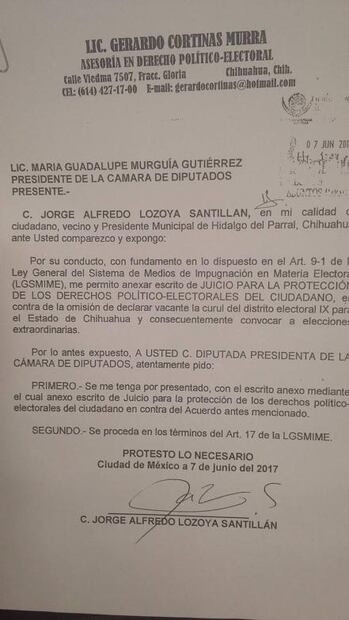 Edil de Parral pide a diputados declarar vacante curul de Tarín