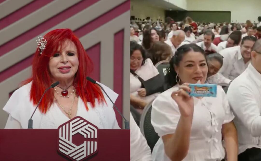 Layda Sansores reparte chocolates de Mr Beast durante su IV Informe de Gobierno en Campeche.
Foto: Especial.