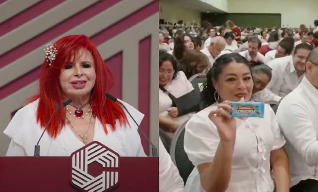 Layda Sansores reparte chocolates de Mr Beast durante su IV Informe de Gobierno en Campeche.
Foto: Especial.