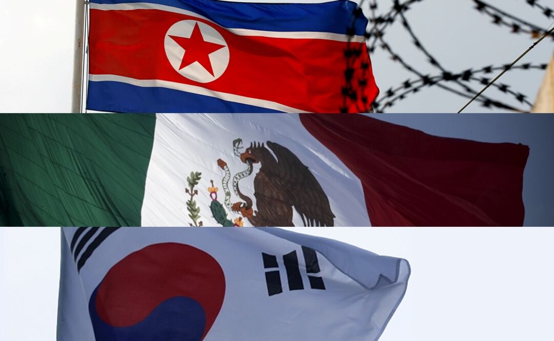 La bandera de Corea del Norte - Foto: Edgar Su / REUTERS (arriba), la bandera de México - Foto: Juan Boites/EL UNIVERSAL (en medio) y la bandera de Corea del Sur - Foto: Kim Hong-Ji / REUTERS (abajo)