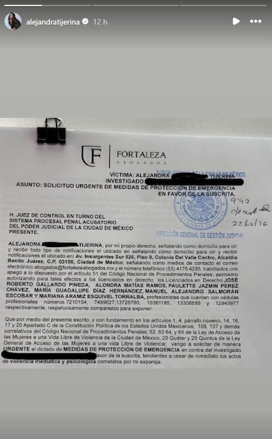 Alejandra Tijerina pide protección ante la FGJ por violencia psicológica y mediática. Foto: Captura de pantalla