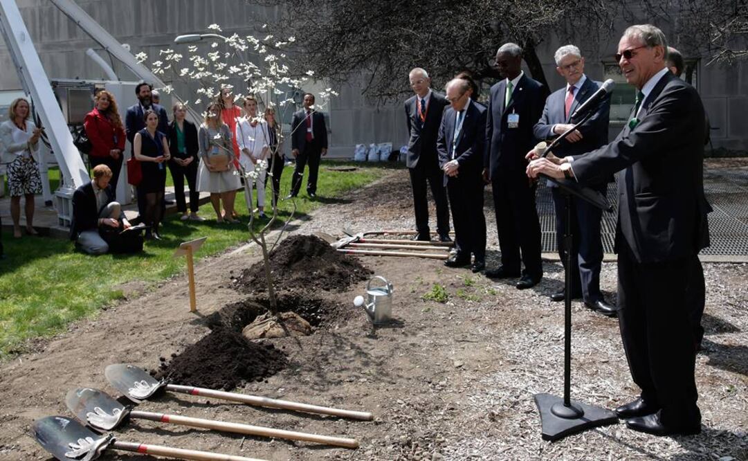 Jan Eliasson (der.), secretario General Adjunto de la ONU, habla en una ceremonia de plantación de árboles en el Food Garden de las Naciones Unidas con motivo del Día de la Tierra y la firma del acuerdo de París sobre el cambio climático (EFE)