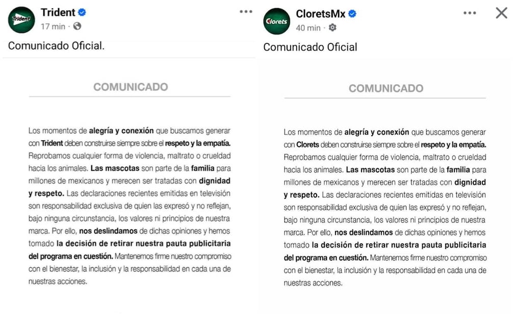 Trident y Clorets dan a conocer su postura sobre las declaraciones del conductor Pedro Sola en "Ventaneando".