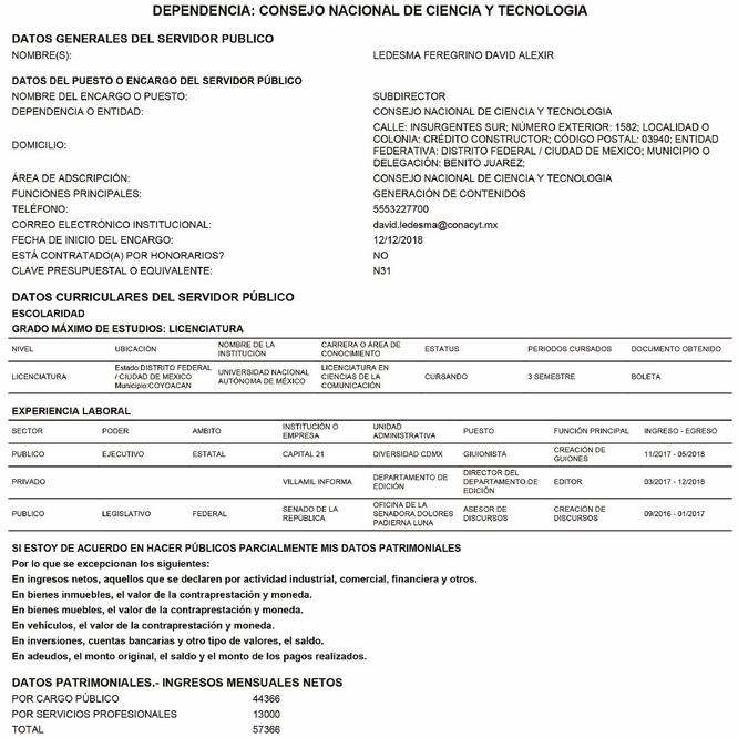 Declaración patrimonial de David Alexir Ledesma ante la Secretaría de la Función Pública. DECLARANET