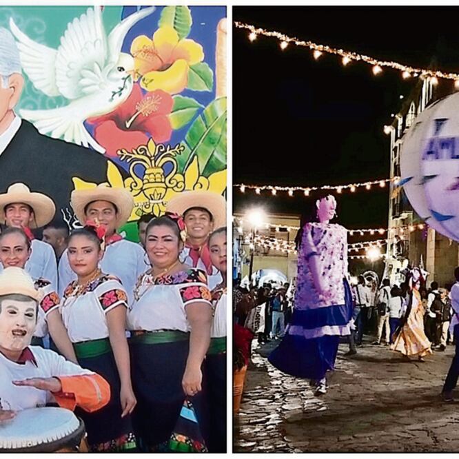 En Villa Tepetitán, Tabasco (imagen de la izq.), pobladores celebraron el #Pejefest2018; mientras que en Oaxaca (foto der.) se llevó a cabo una calenda en honor al Presidente. (Fotos: Luma López y Lizbeth Álvarez. El Universal)