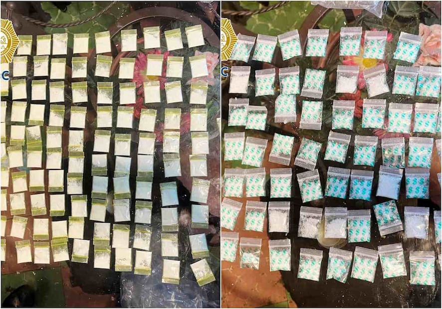 Durante el primer cateo, aseguraron 103 dosis de cocaína, 86 de marihuana, 61 de metanfetamina; en el segundo, 60 dosis de cocaína, 55 de marihuana y 49 de metanfetamina. Foto: Especial