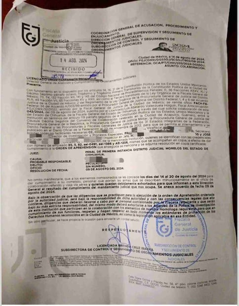 Documento de la FACH sobre la detención de Javier Corral (26/05/2026). Foto: X @fachCUU