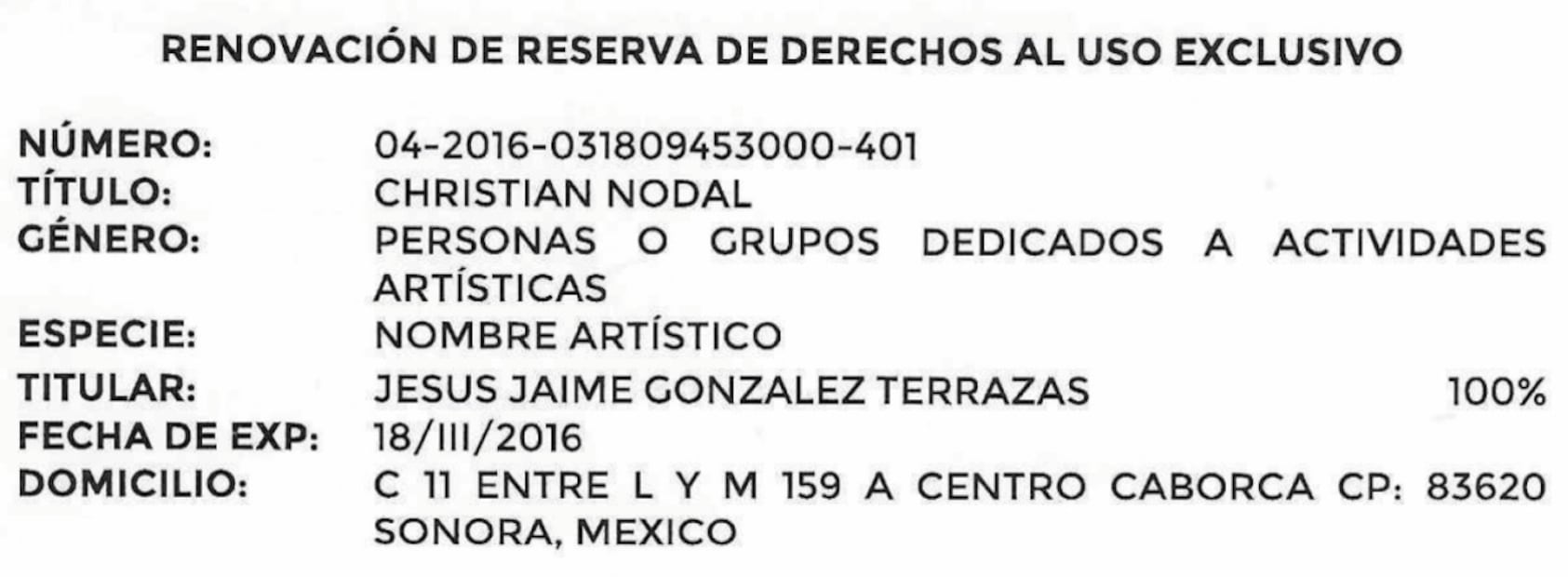 Los documentos muestran que Grupo Forajido pidió al IMPI negar el registro de “El Forajido” al considerar que puede confundirse con su marca “Forajido”, vigente hasta 2034. Anexó carteles, registros y pruebas de uso. En otra constancia, INDAUTOR muestra que “Christian Nodal” aparece como reserva a nombre del padre del cantante al 100%.