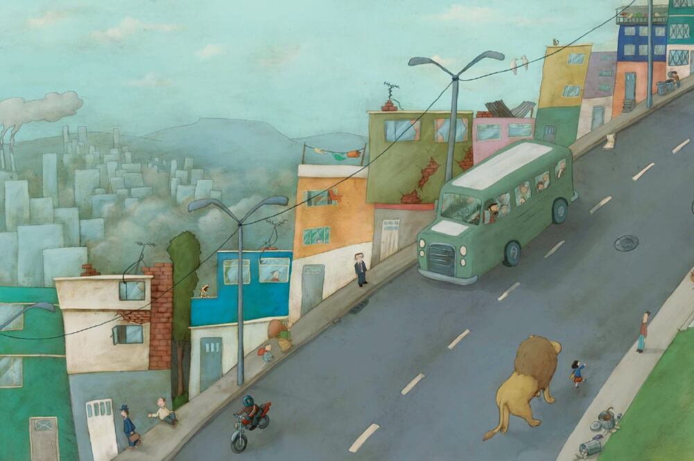 En su libro Camino a casa, el colombiano cuenta la historia de una niña acompañada de su padre, representado por un gran león, quienes en el trayecto se enfrentan a una sociedad aterrorizada por la presencia imaginaria del animal.(CORTESÍA JAIRO BUITRAGO)