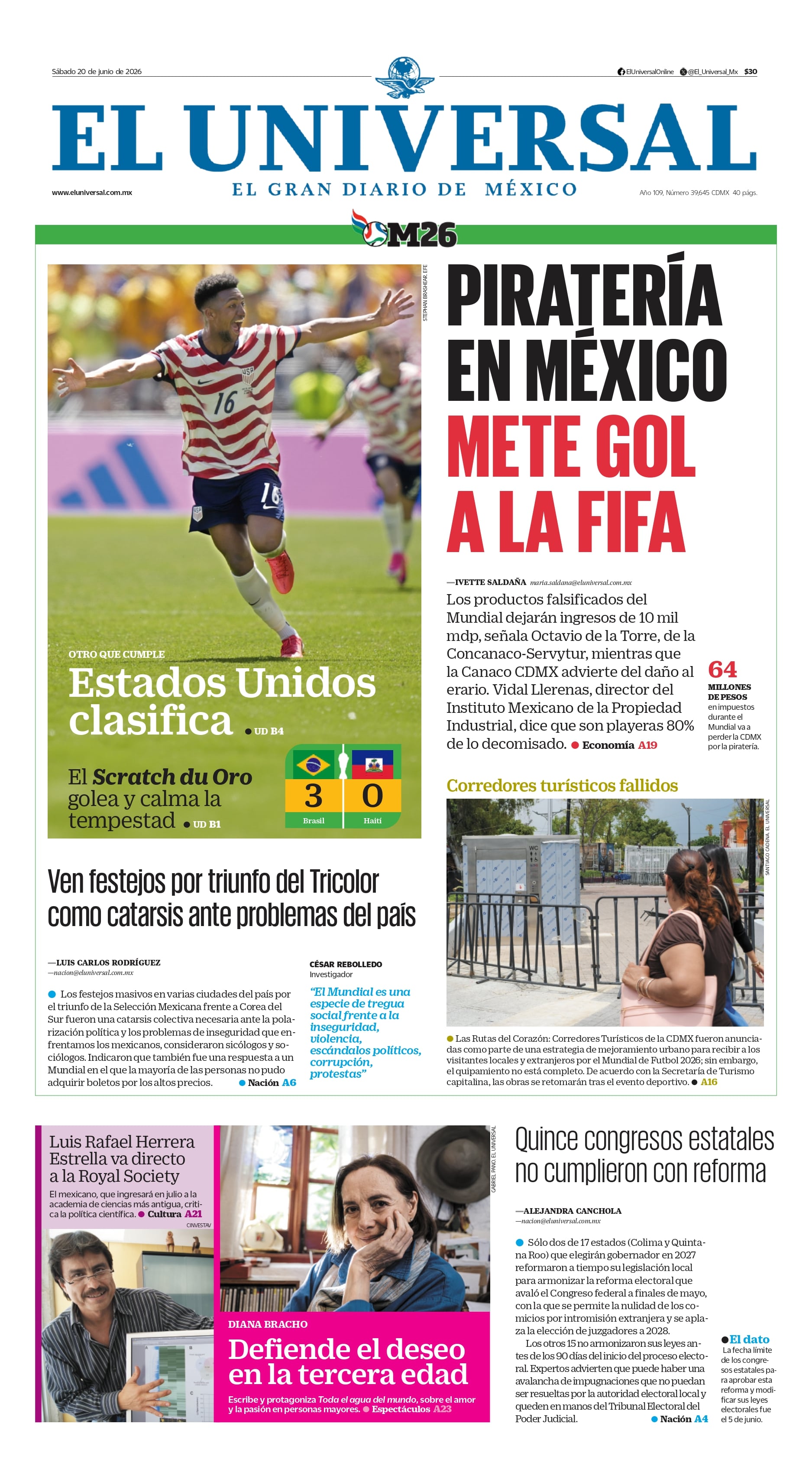 Portada impresa del 20 de junio