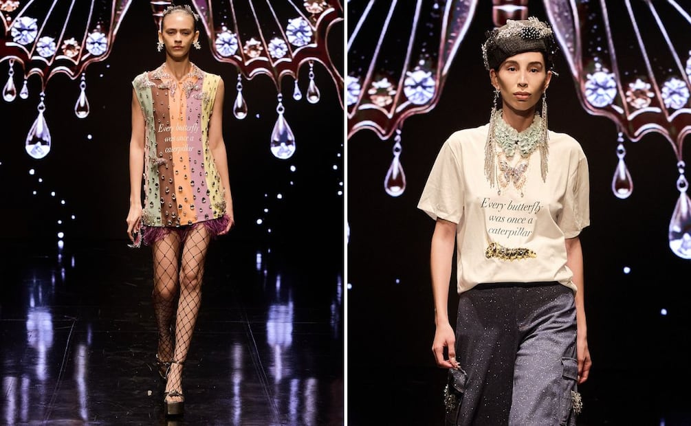 Incorporó frases que refieren que las mariposas alguna vez fueron orugas, afines a la temática de evolución en el concepto de la colección. Foto: Cortesía Intermoda