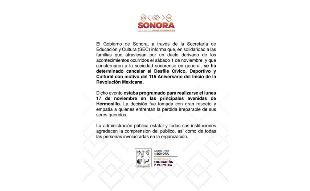 Tragedia Waldo's: Gobierno de Sonora cancela el Desfile conmemorativo del 115 Aniversario del Inicio de la Revolución Mexicana.
Foto: Especial.