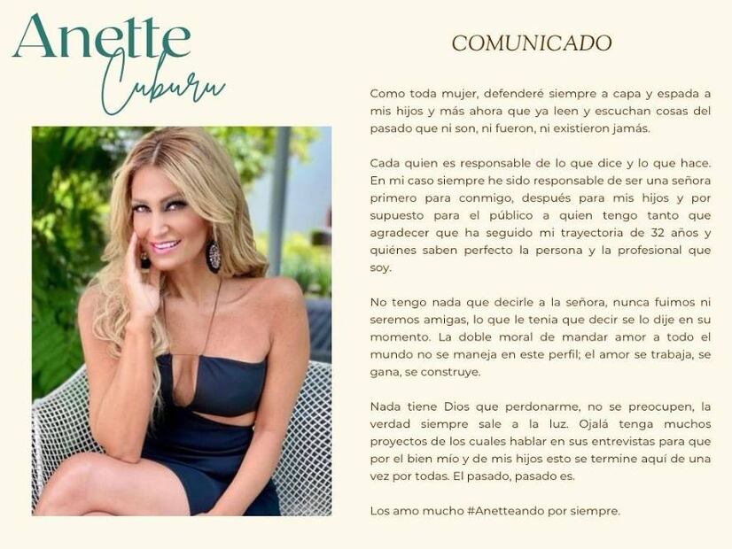 Comunicado de Anette Cuburu sobre Andrea Legarreta.