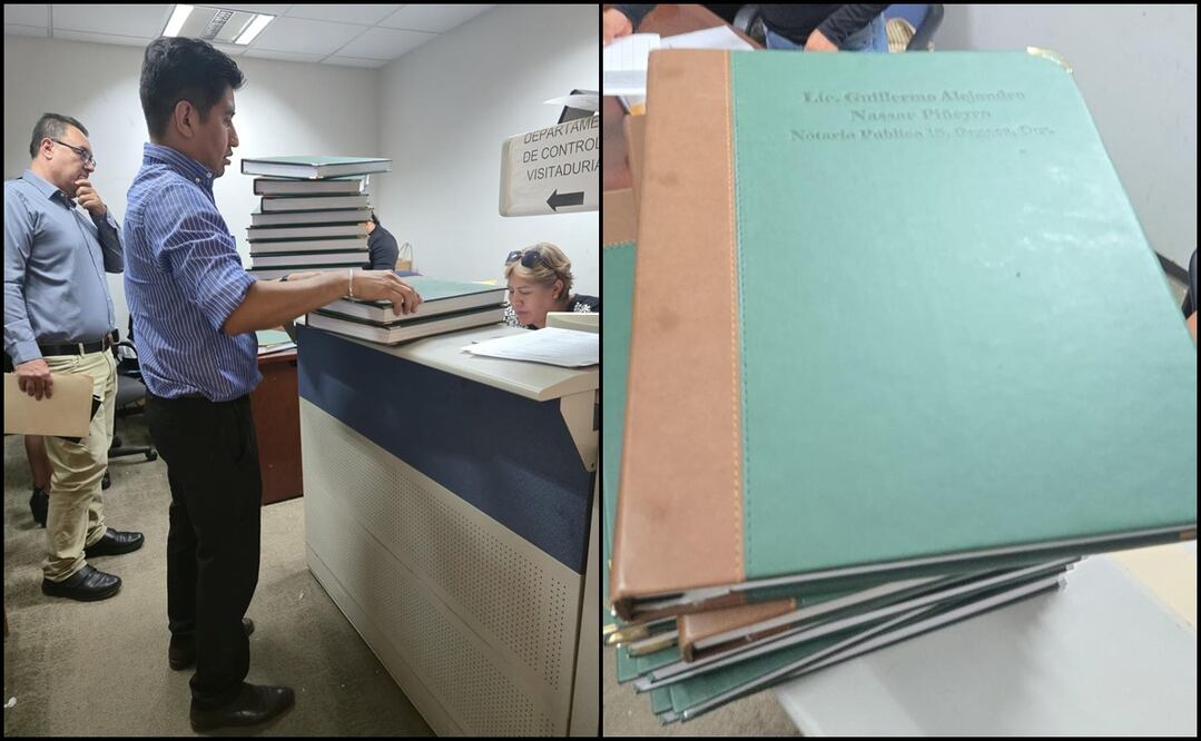 Nassar Piñeyro acudió a las oficinas de la Dirección General de Notarías donde entregó los libros notariales en su poder, apéndices y su sello fue destruido. Foto: Especial