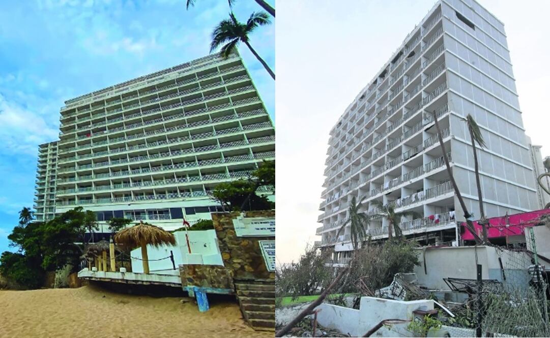 Antes (izquierda) y después (derecha) del paso del huracán Otis en el hotel Presidente Acapulco, diseñado en 1958 por el reconocido arquitecto Javier Sordo Madaleno. En la imagen de la derecha se puede constatar que la estructura resistió los fuertes vientos. Fotos: Imagen vía fecebook del hotel/Valente Rosas EL UNIVERSAL.