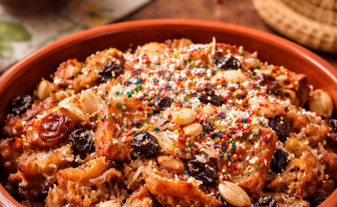 La capirotada destaca por su sabor dulce y textura suave. Foto: Imagen generada con IA