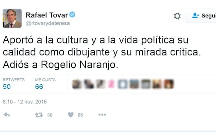 Rafael Tovar y de Teresa lamenta muerte de Rogelio Naranjo