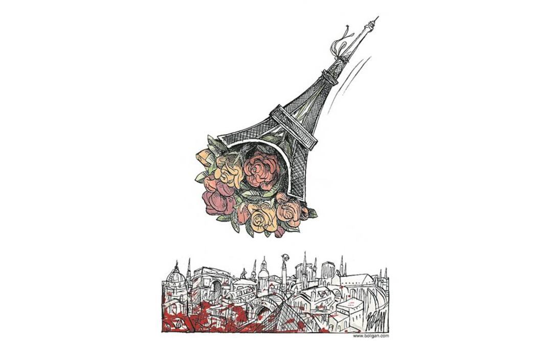 La obra de Ángel Boligán fue publicada en EL UNIVERSAL el pasado 14 de noviembre. En la ilustración se ve a una Ciudad Luz salpicada de sangre por los atentados del 13 de noviembre de 2015, en París (BOLIGÁN)