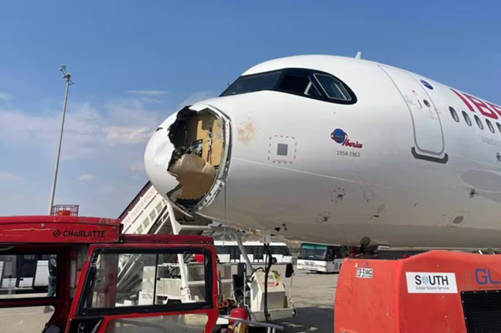 Un avión de Iberia aterrizó de emergencia en Madrid tras un fuerte impacto frontal con un ave. Foto: X @ivancp25